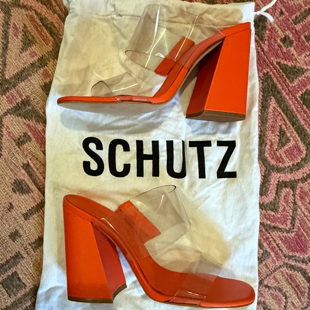 Schutz “Victorie” High Block Heel Mule Sandals – Orange – Size 7.5
